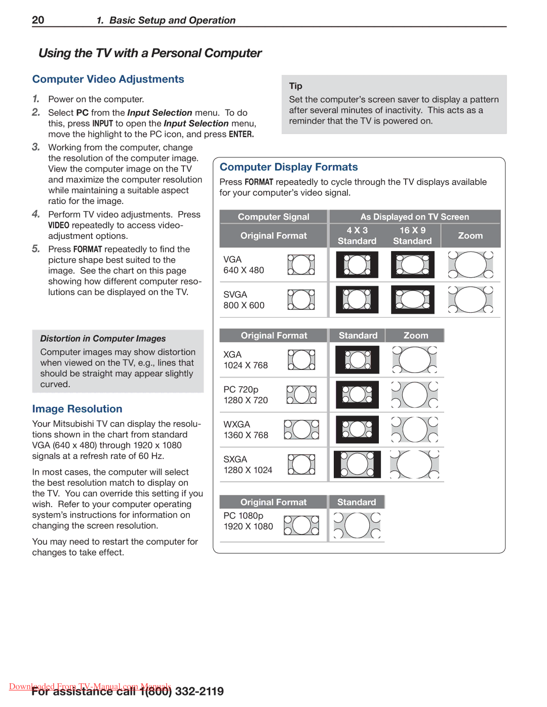 Mitsubishi Electronics 154 Series Using the TV with a Personal Computer, Computer Video Adjustments, Image Resolution 