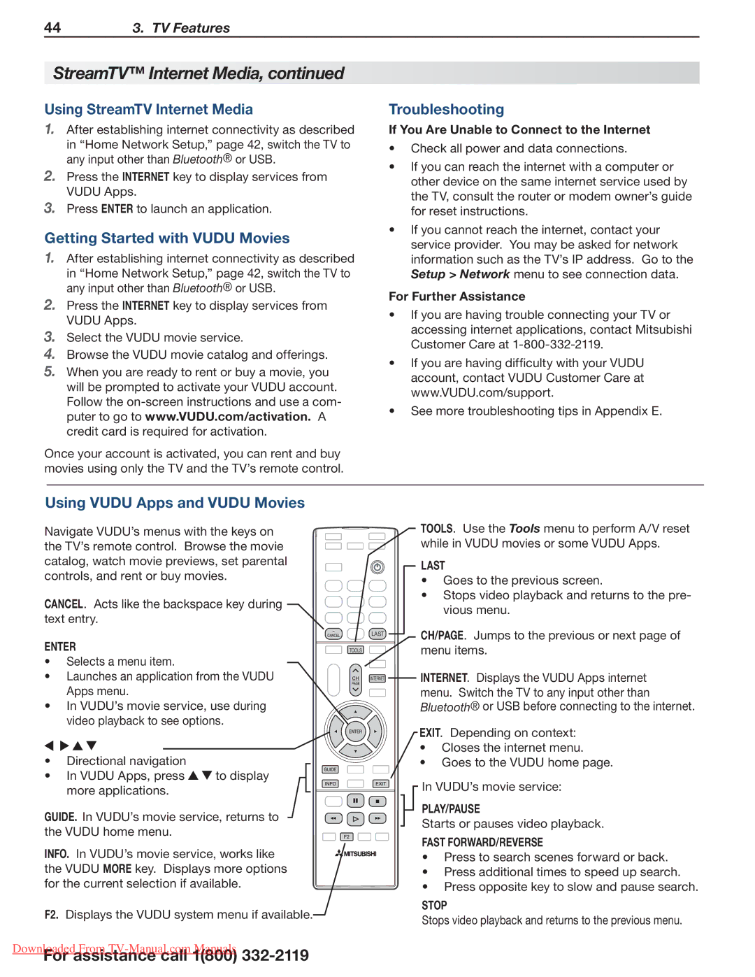 Mitsubishi Electronics 154 Series manual Using StreamTV Internet Media, Getting Started with Vudu Movies, Troubleshooting 