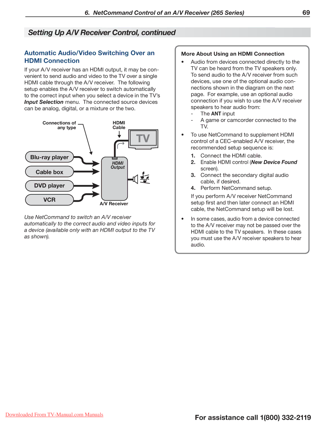 Mitsubishi Electronics 265 Series manual Automatic Audio/Video Switching Over an Hdmi Connection, Perform NetCommand setup 