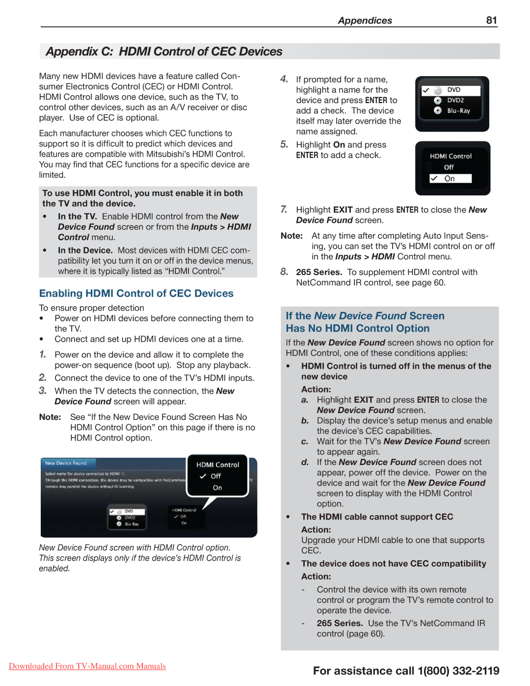 Mitsubishi Electronics 265 Series, 164 Series Appendix C Hdmi Control of CEC Devices, Enabling Hdmi Control of CEC Devices 