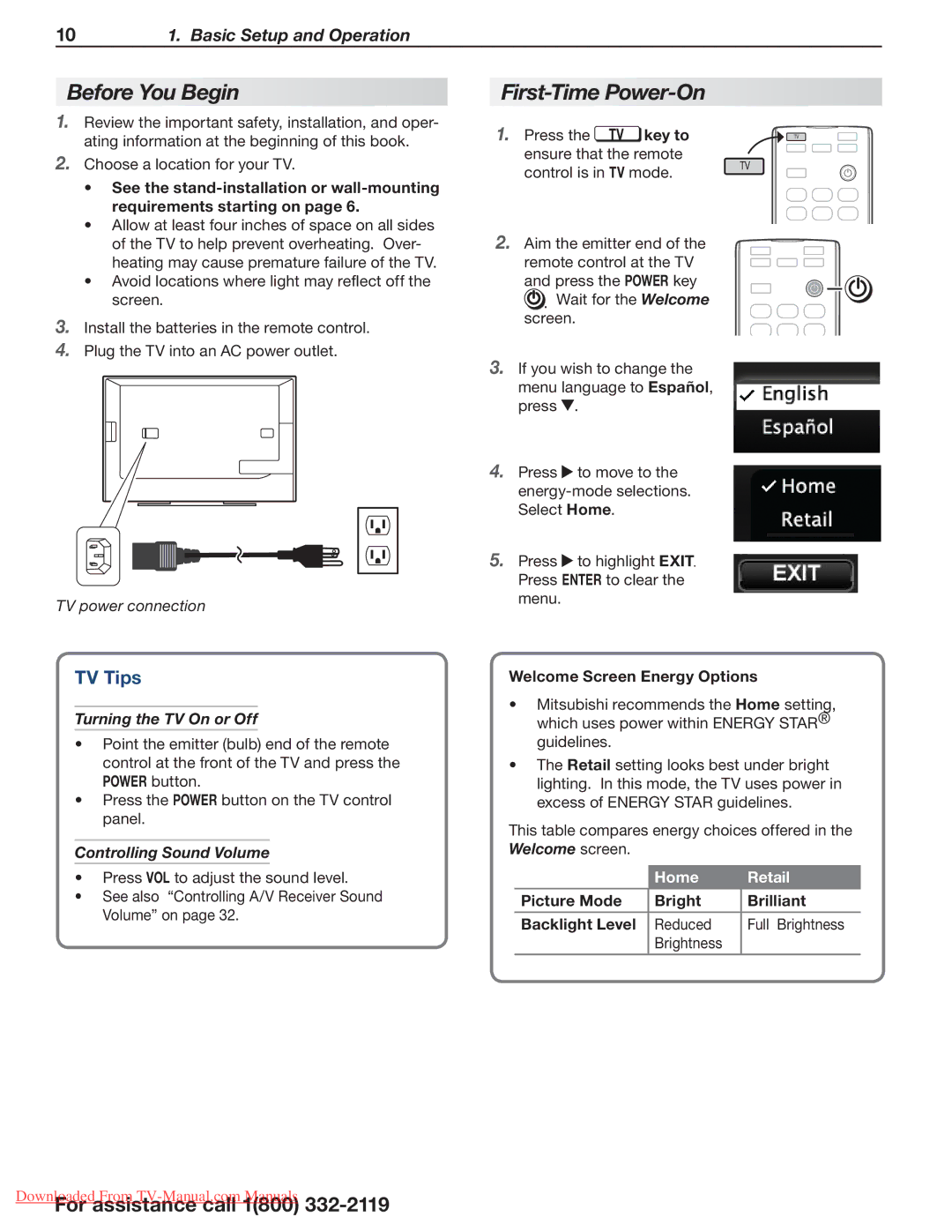 Mitsubishi Electronics 164 Series Before You Begin First-Time Power-On, TV Tips, Turning the TV On or Off, Home Retail 