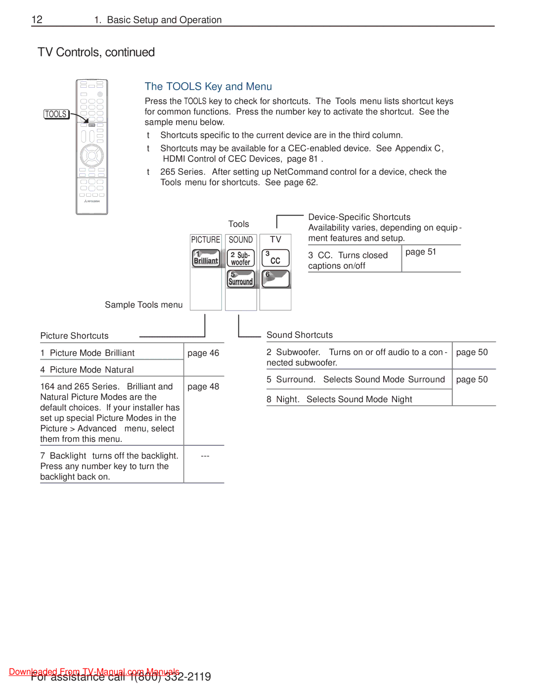 Mitsubishi Electronics 265 Series, 164 Series, 154 Series Tools Key and Menu, Picture Sound, Picture Advanced menu, select 