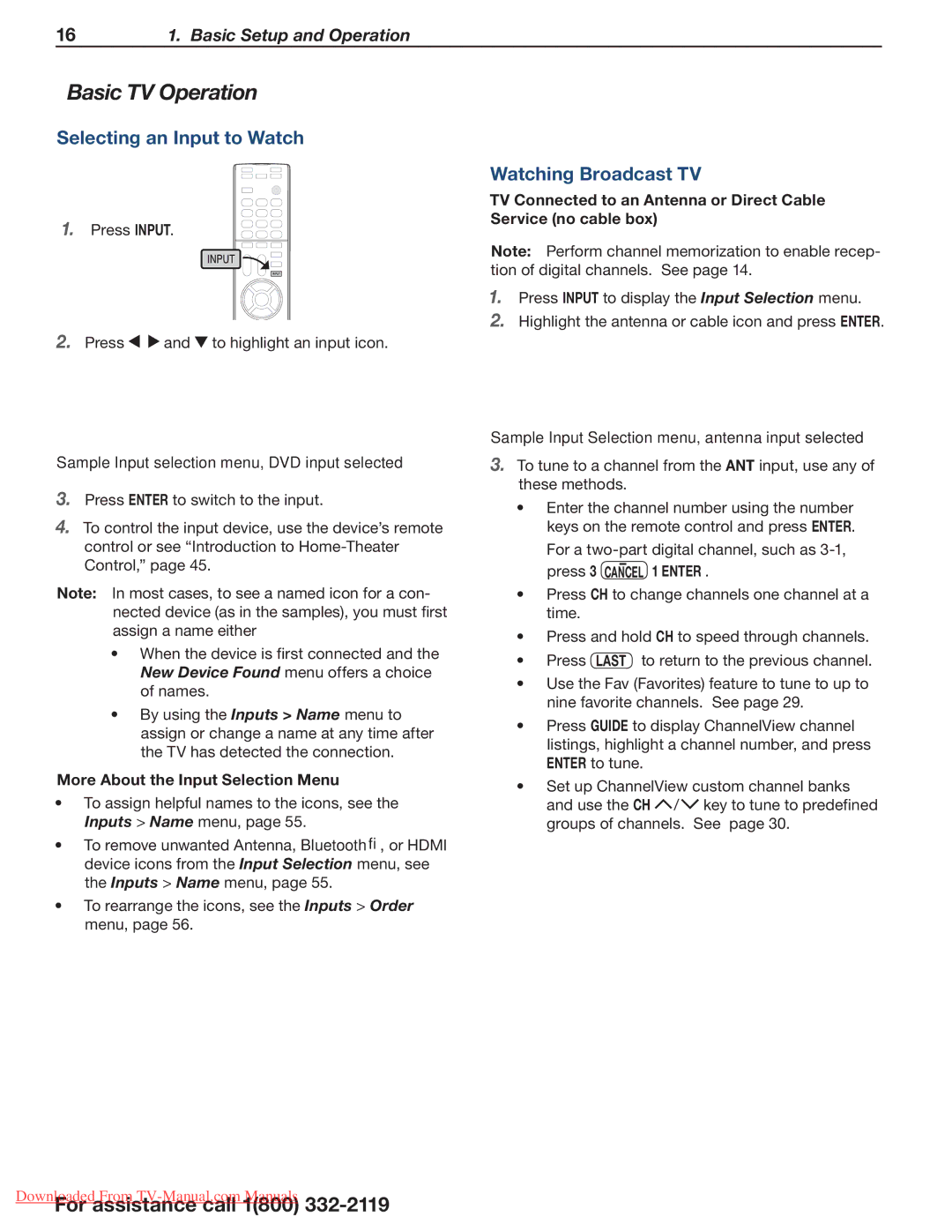 Mitsubishi Electronics 164 Series manual Basic TV Operation, Selecting an Input to Watch, Watching Broadcast TV, Cancel 