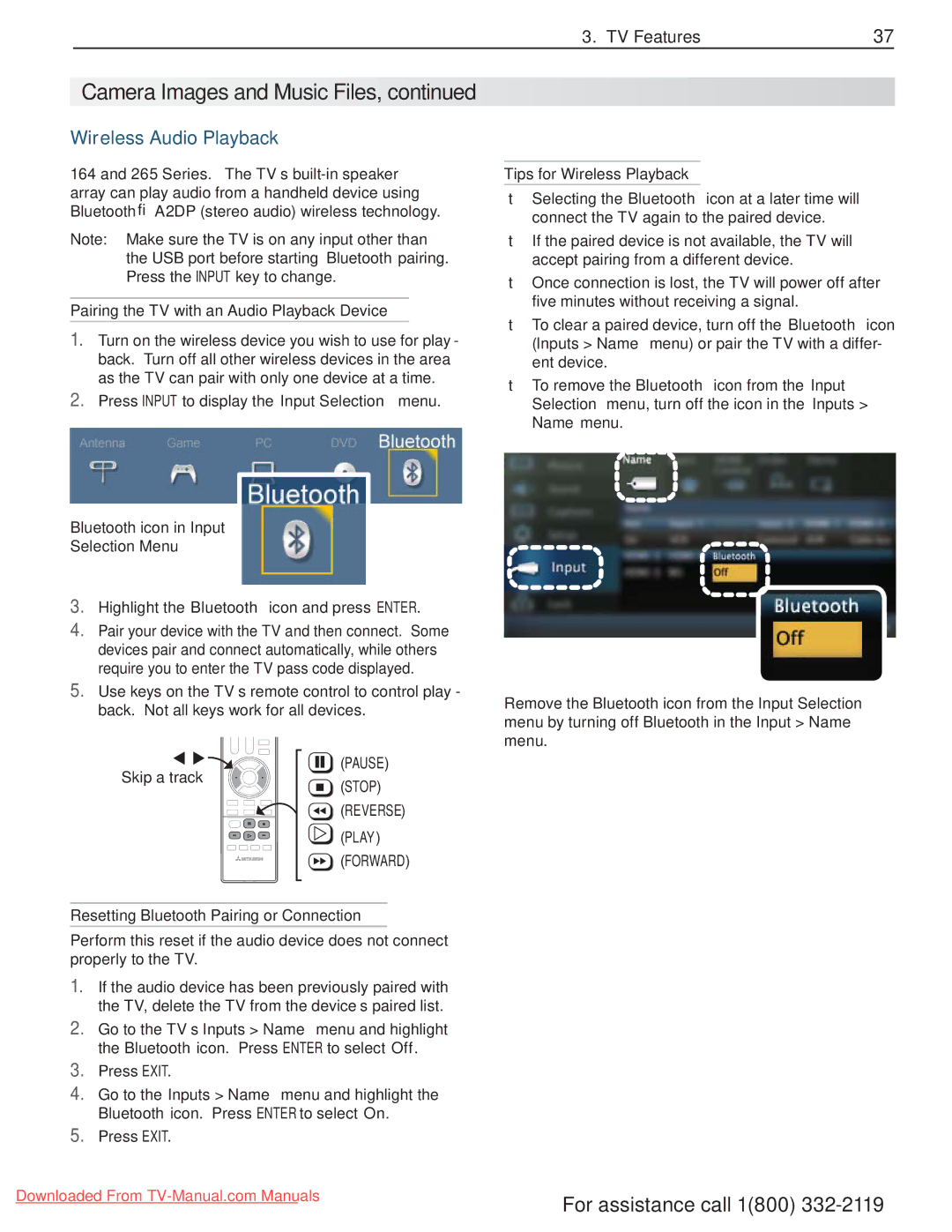 Mitsubishi Electronics 164 Series, 265 Series manual Wireless Audio Playback, Pairing the TV with an Audio Playback Device 