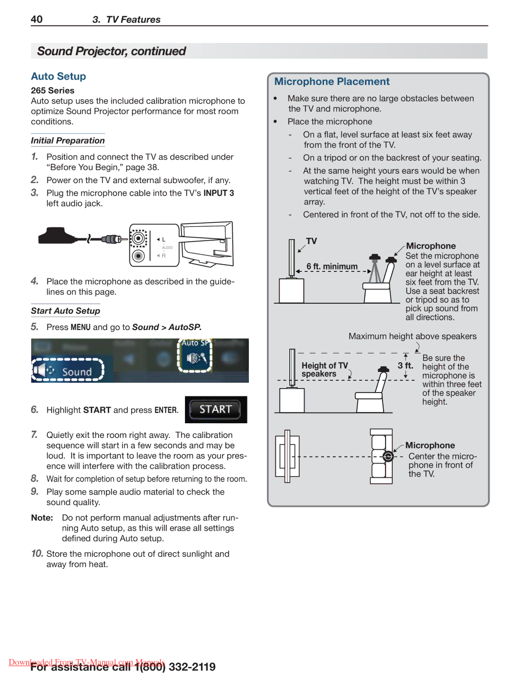 Mitsubishi Electronics 164 Series Microphone Placement, Initial Preparation, Start Auto Setup, Height of TV speakers 