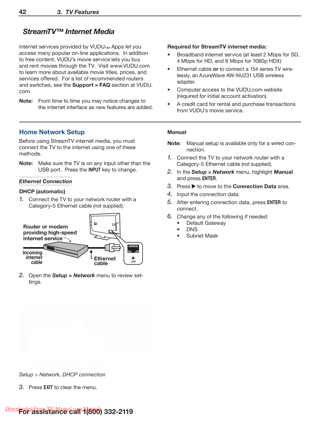 Mitsubishi Electronics 265 Series, 164 Series, 154 Series StreamTV Internet Media, Home Network Setup, Ethernet Connection 