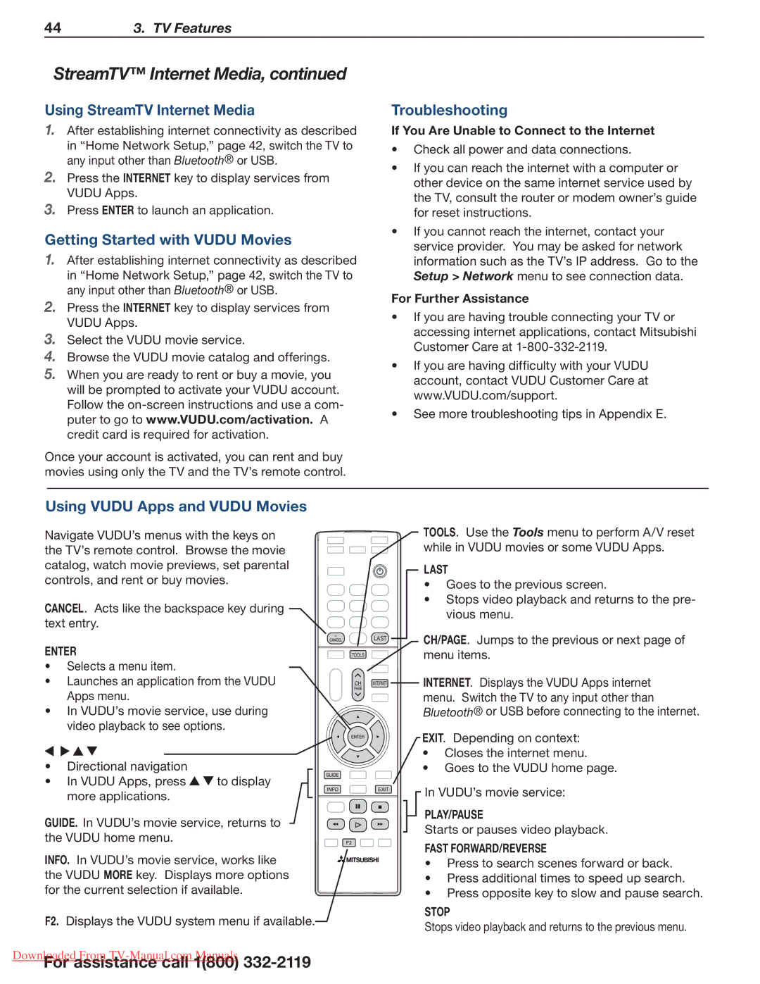 Mitsubishi Electronics 154 Series manual Using StreamTV Internet Media, Getting Started with Vudu Movies, Troubleshooting 