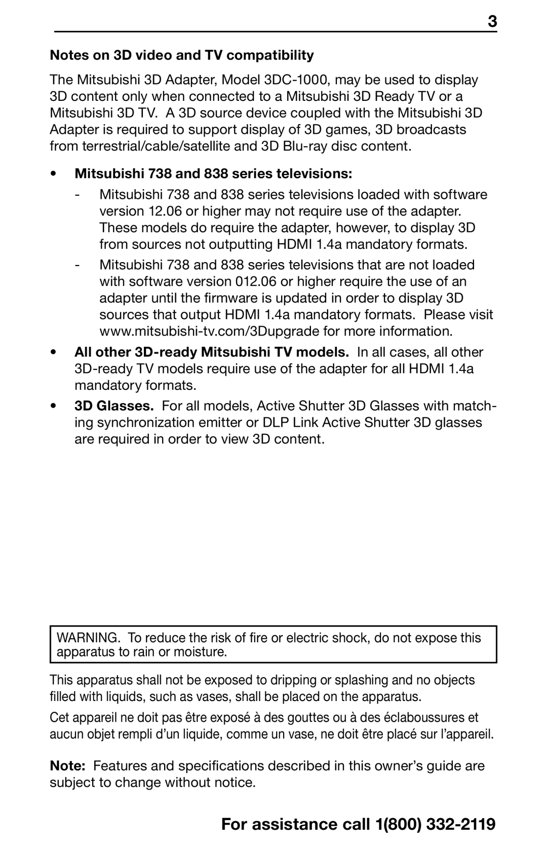 Mitsubishi Electronics 3DC-1000 manual For assistance call 1800, Mitsubishi 738 and 838 series televisions 