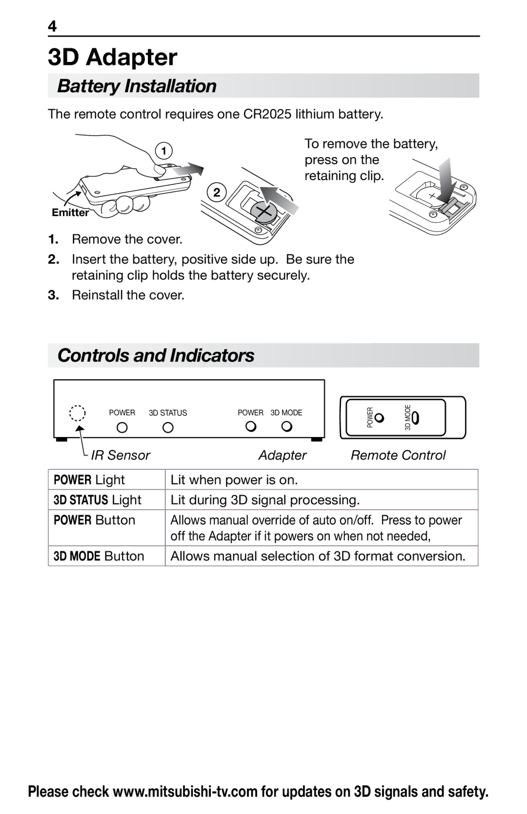 Mitsubishi Electronics 3DC-1000 manual Battery Installation, Controls and Indicators 