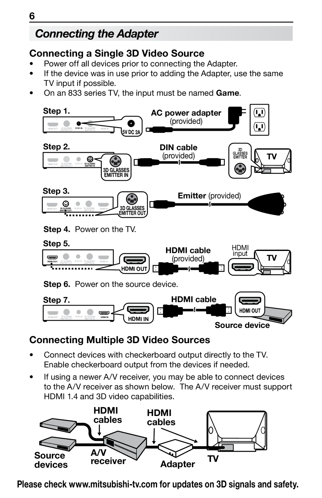 Mitsubishi Electronics 3DC-1000 manual Connecting the Adapter, Connecting a Single 3D Video Source 