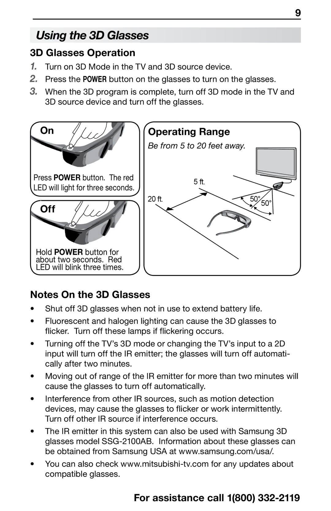 Mitsubishi Electronics 3DC-1000 manual Using the 3D Glasses, 3D Glasses Operation, Off Operating Range 