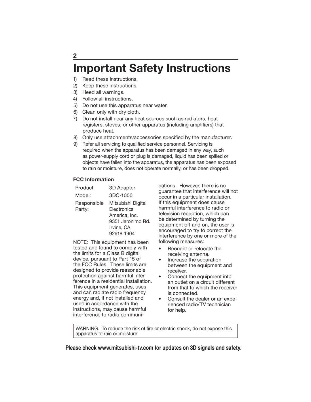 Mitsubishi Electronics 3DC-1000 manual Important Safety Instructions, FCC Information 