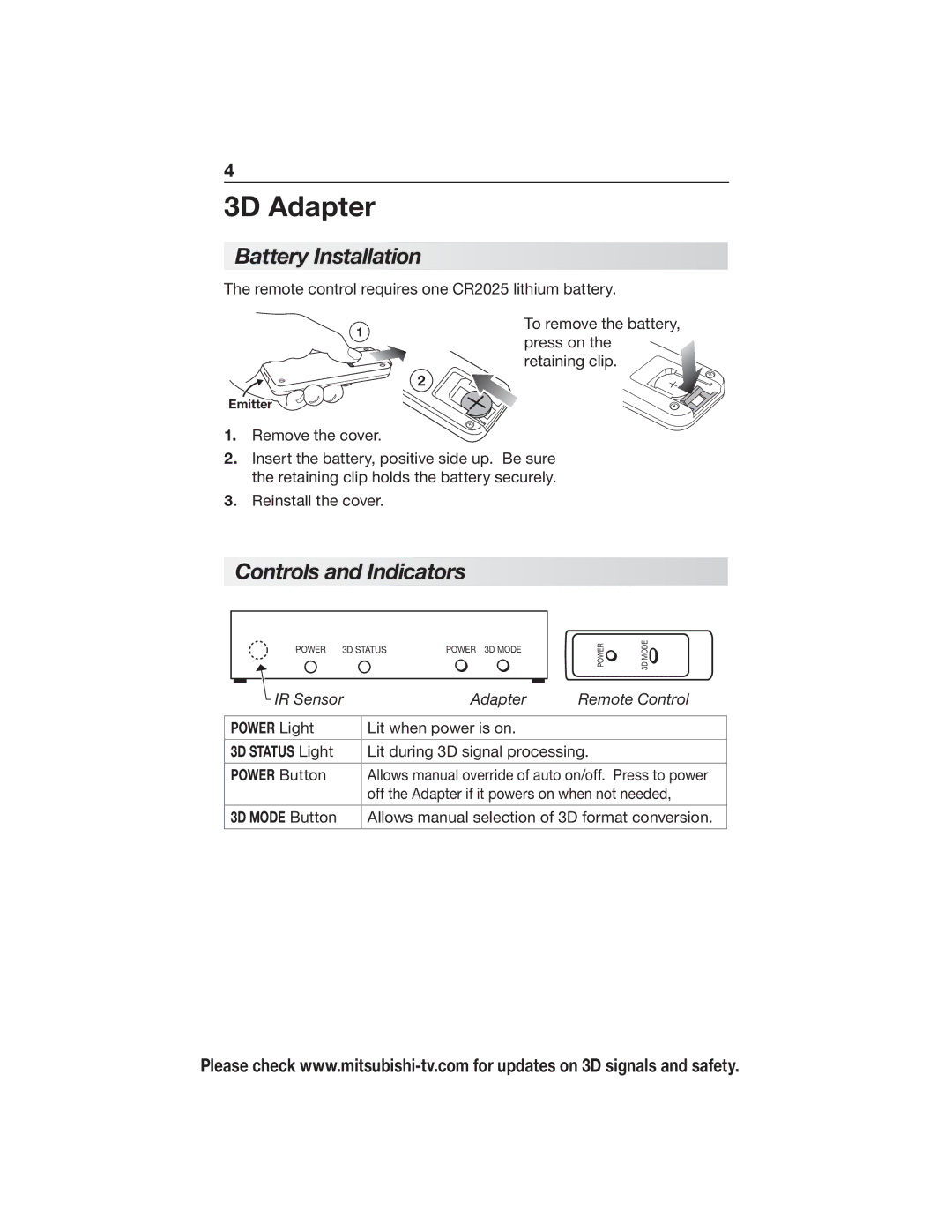 Mitsubishi Electronics 3DC-1000 manual Battery Installation, Controls and Indicators 