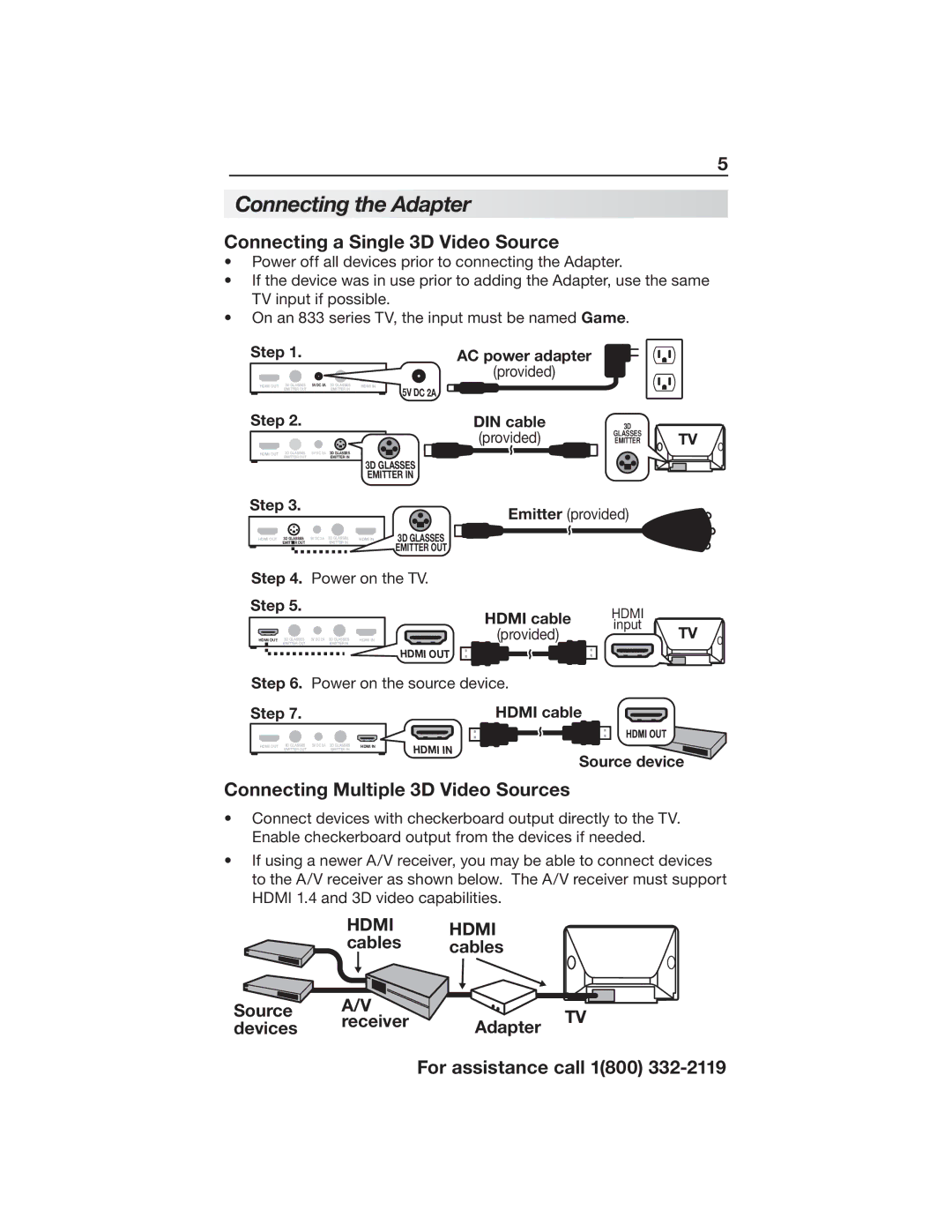 Mitsubishi Electronics 3DC-1000 manual Connecting the Adapter, Connecting a Single 3D Video Source 