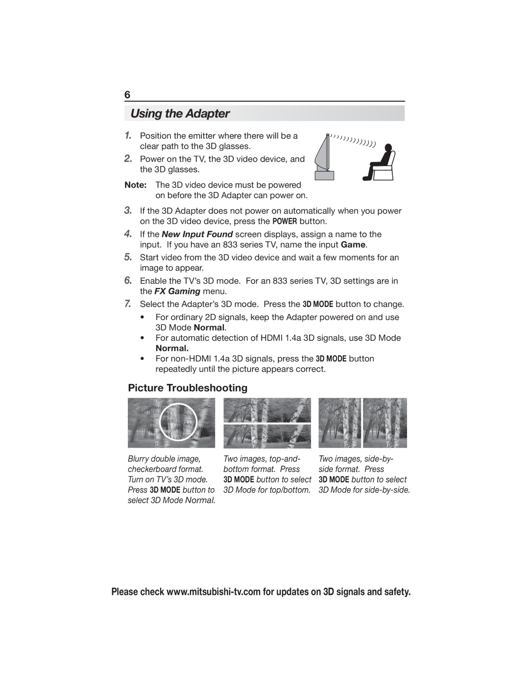 Mitsubishi Electronics 3DC-1000 manual Using the Adapter, Picture Troubleshooting, Normal 