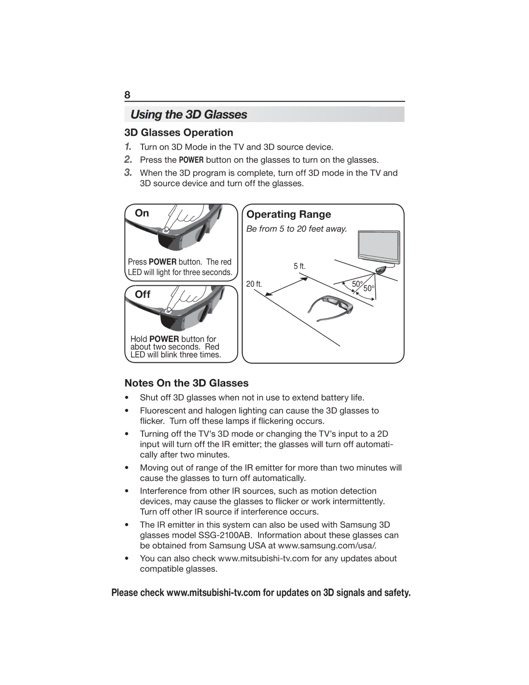 Mitsubishi Electronics 3DC-1000 manual Using the 3D Glasses, 3D Glasses Operation, Off, Operating Range 