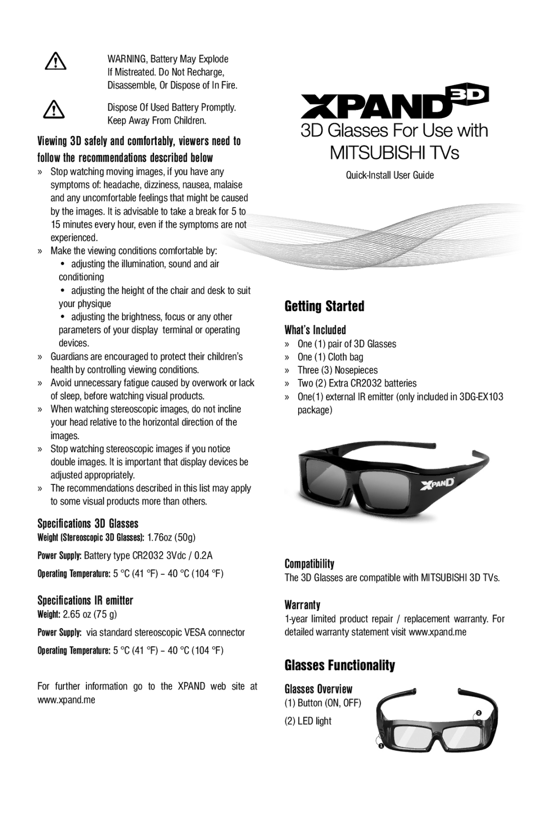 Mitsubishi Electronics 3DGEX103 warranty Getting Started, Glasses Functionality 