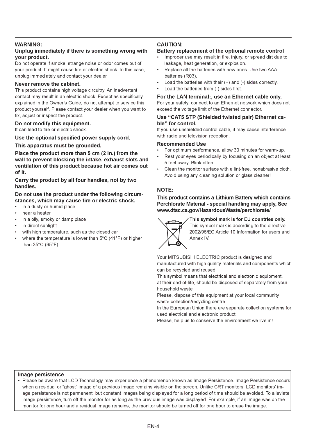 Mitsubishi Electronics 56P-QF60LCU user manual Never remove the cabinet, Do not modify this equipment, Recommended Use 