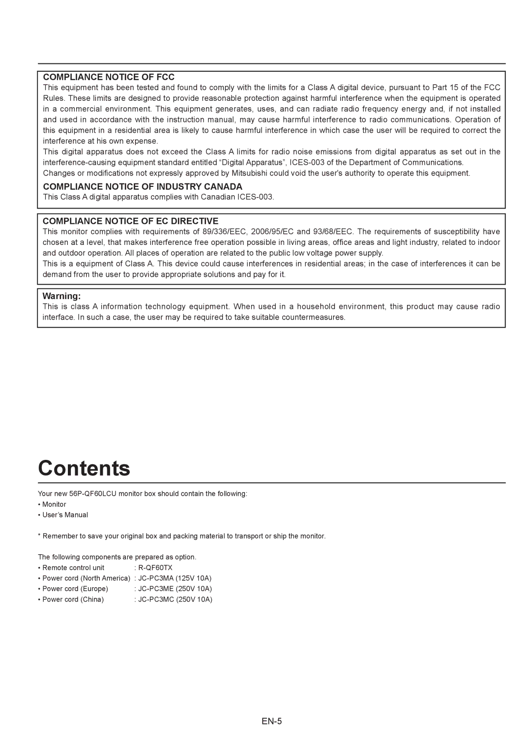 Mitsubishi Electronics 56P-QF60LCU user manual Contents 