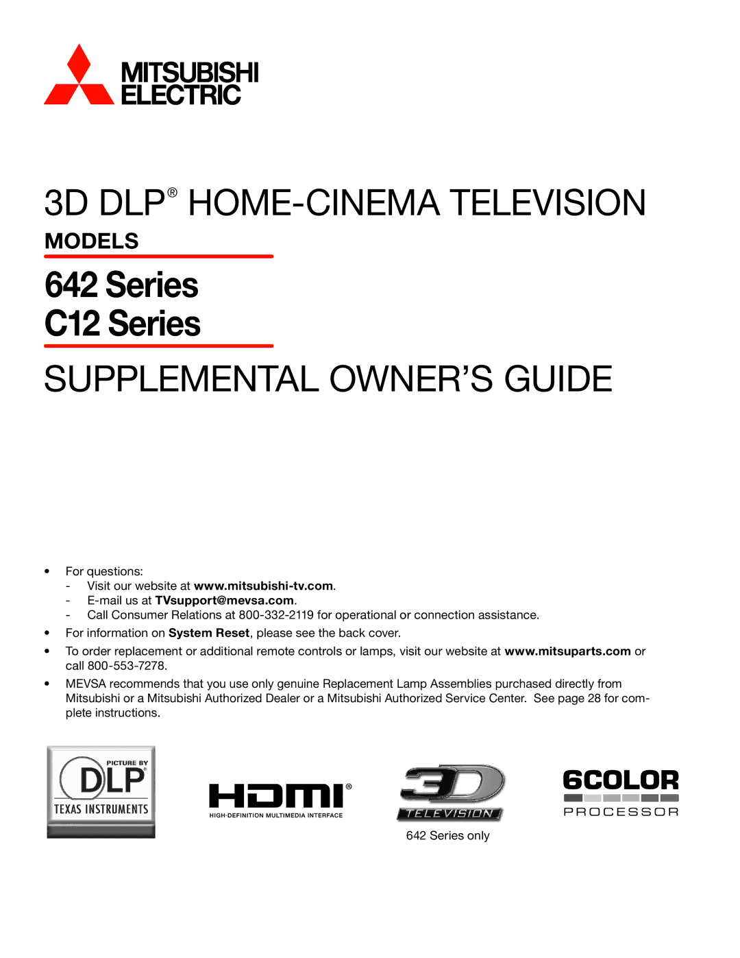 Mitsubishi Electronics 642 Series manual Series C12 Series, Mail us at TVsupport@mevsa.com 