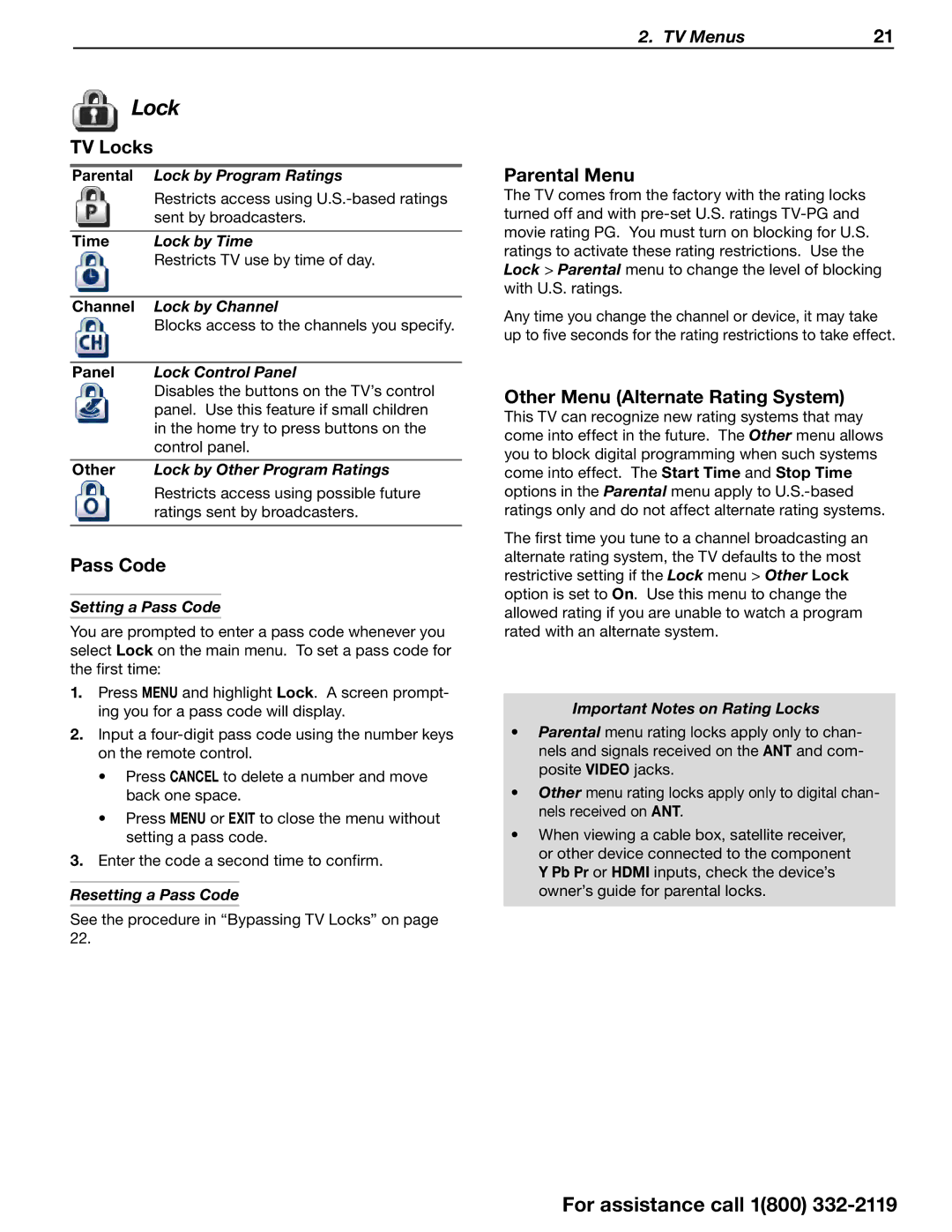 Mitsubishi Electronics 642 Series manual TV Locks, Pass Code, Parental Menu, Other Menu Alternate Rating System 