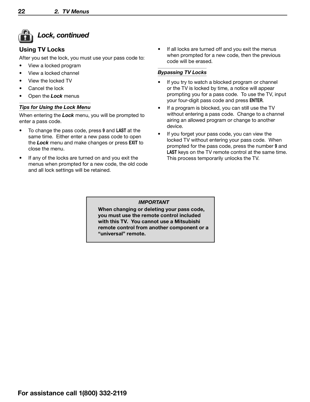 Mitsubishi Electronics 642 Series manual Using TV Locks, Tips for Using the Lock Menu, Bypassing TV Locks 