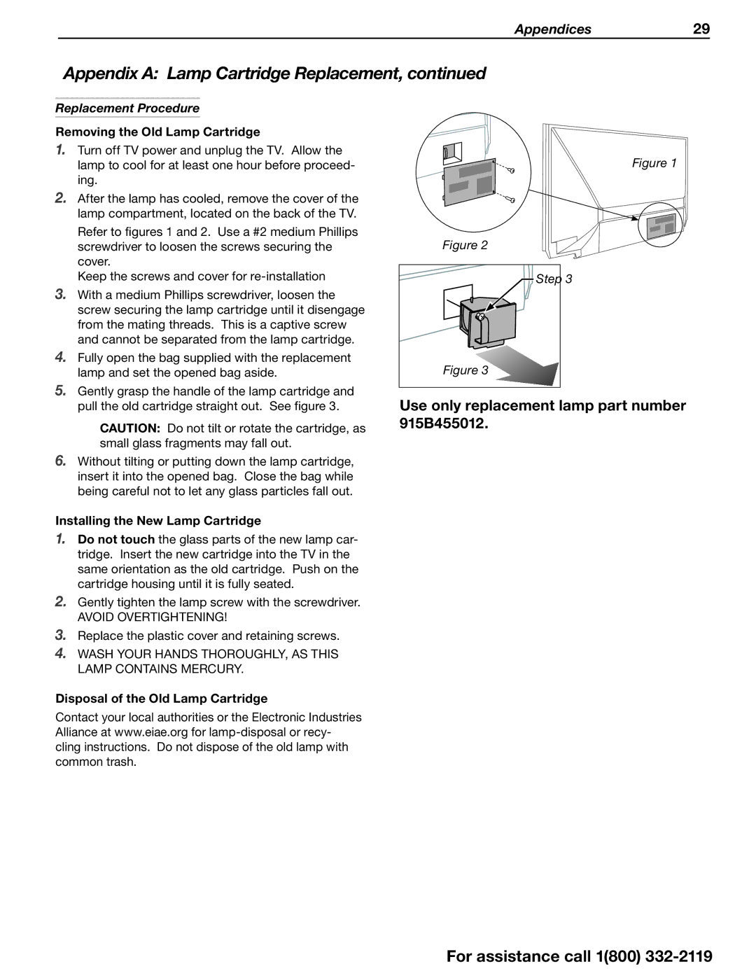 Mitsubishi Electronics 642 Series manual Use only replacement lamp part number 915B455012, Replacement Procedure 