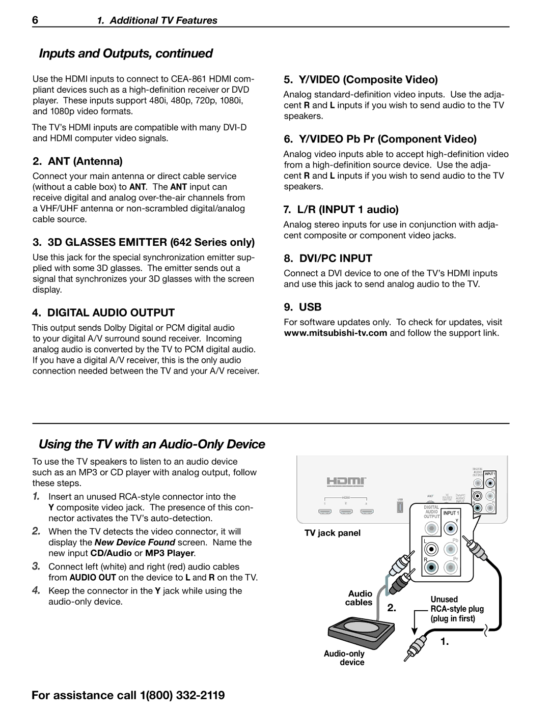 Mitsubishi Electronics 642 Series manual Inputs and Outputs, Using the TV with an Audio-Only Device 