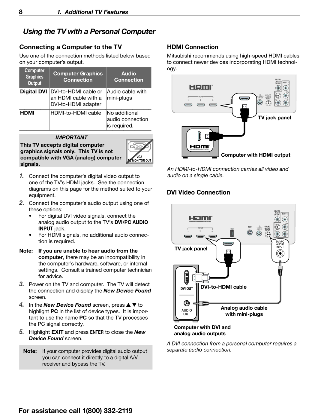 Mitsubishi Electronics 642 Series manual Connecting a Computer to the TV, Hdmi Connection, DVI Video Connection, Signals 