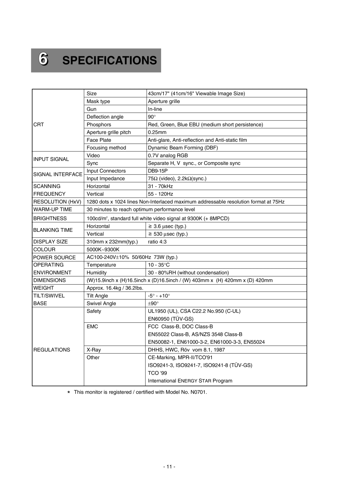 Mitsubishi Electronics 73 manual Specifications 