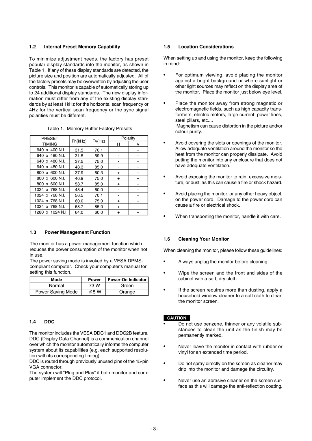 Mitsubishi Electronics 73 manual Internal Preset Memory Capability, Power Management Function, Ddc, Location Considerations 