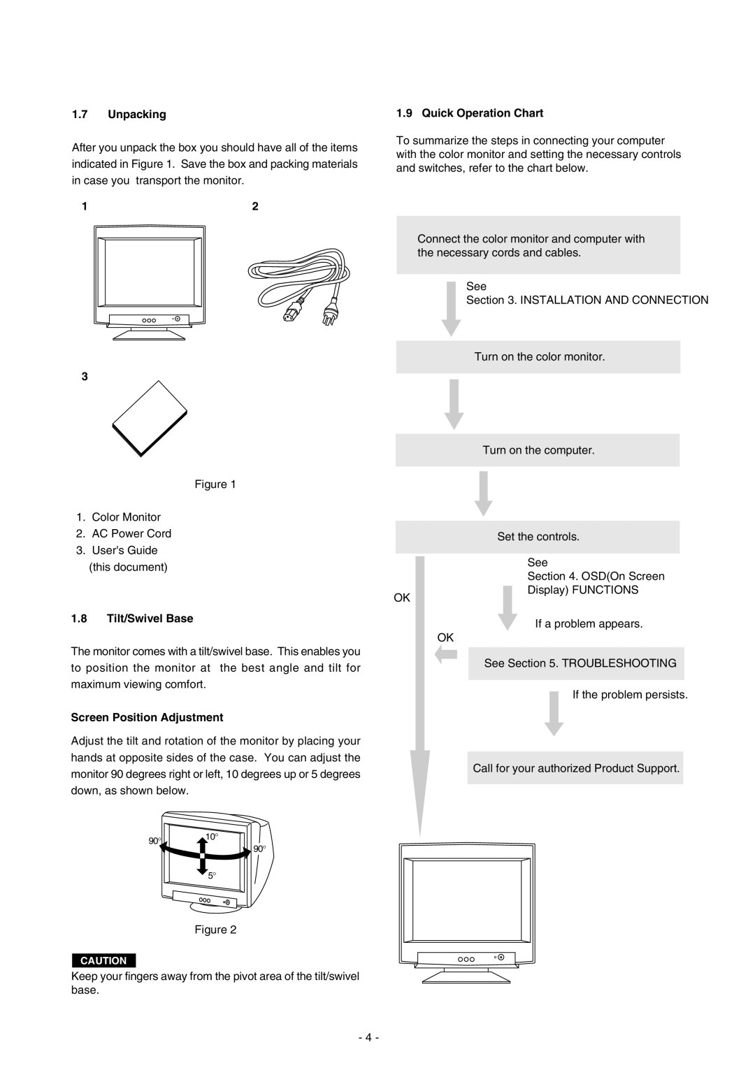 Mitsubishi Electronics 73 Unpacking, Users Guide, Quick Operation Chart, Tilt/Swivel Base, Screen Position Adjustment 