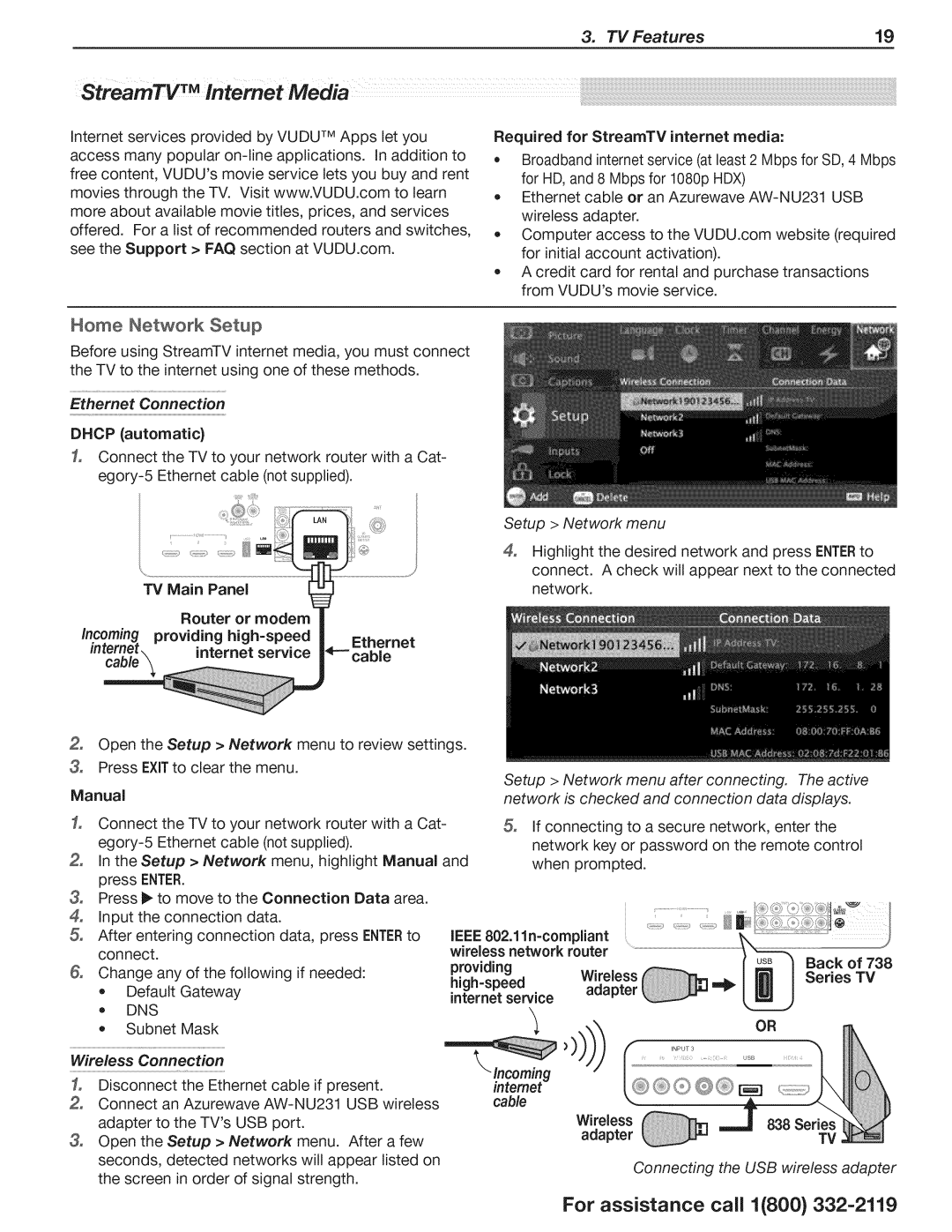 Mitsubishi Electronics 838, 738 StreamTv TM Intemet Media, Home Network Setup, Ethernet Connection, Wireless Connection 