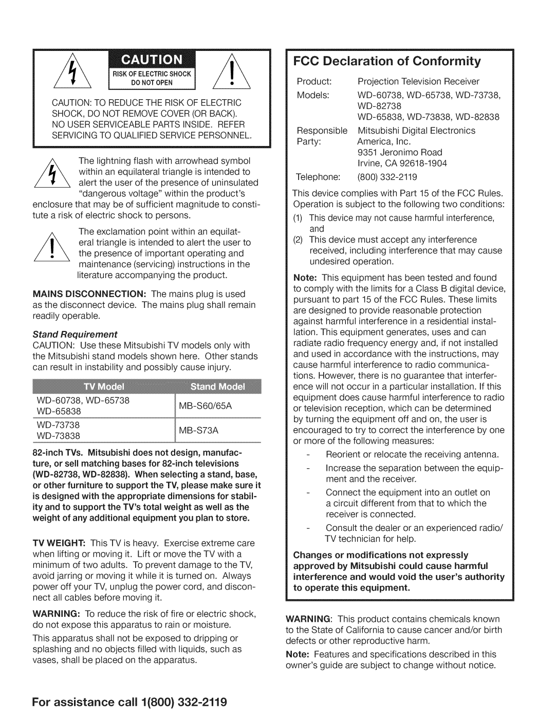 Mitsubishi Electronics 738, 838 manual Stand Requirement, MB-S73A 