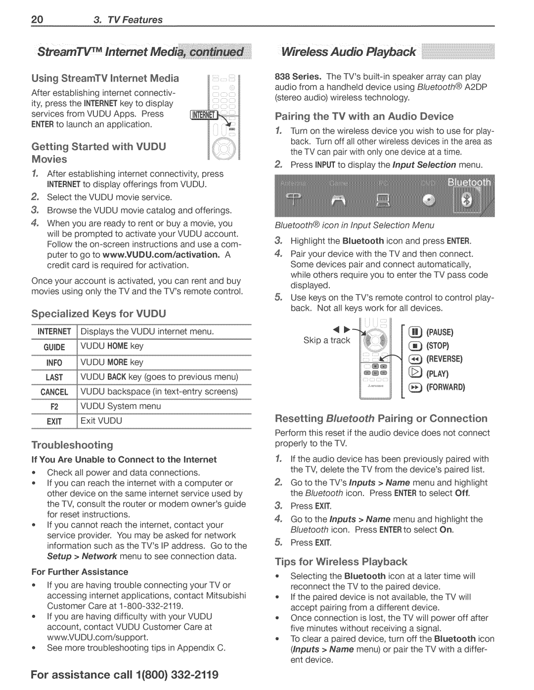 Mitsubishi Electronics 738, 838 manual Wireless Audio Playback 