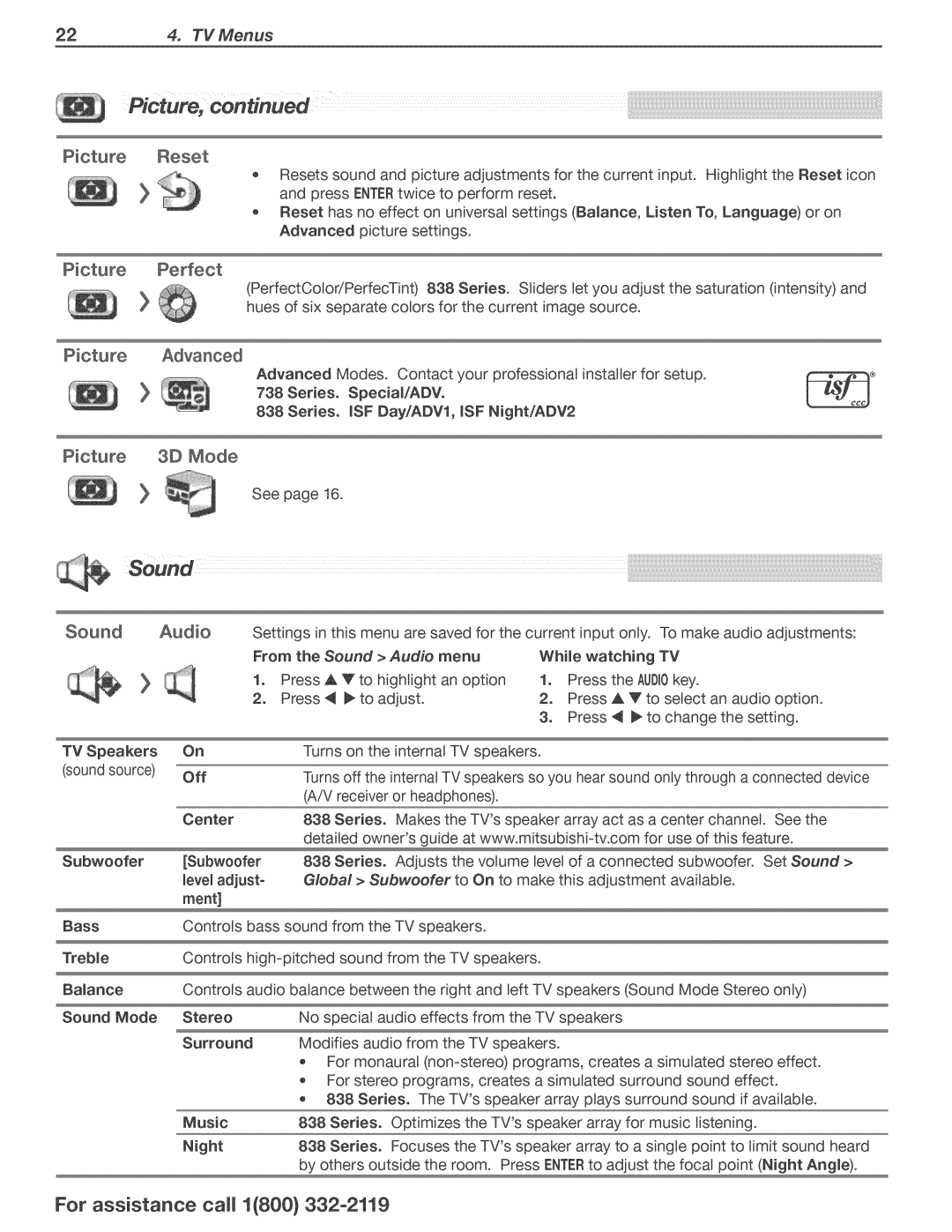 Mitsubishi Electronics 738, 838 manual 3D Mode, Global Subwoofer 