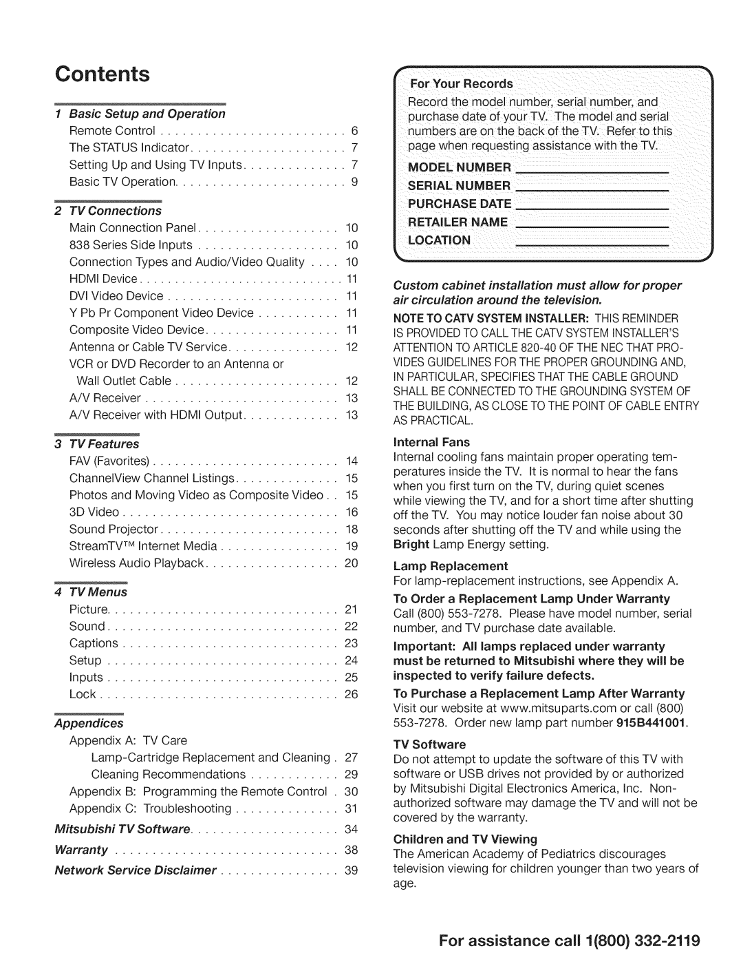 Mitsubishi Electronics 838, 738 manual Contents 