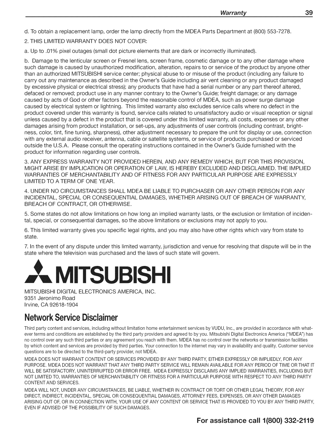 Mitsubishi Electronics 838 Warranty39, This Limited Warranty does not Cover, Mitsubishi Digital Electronics AMERICA, INC 