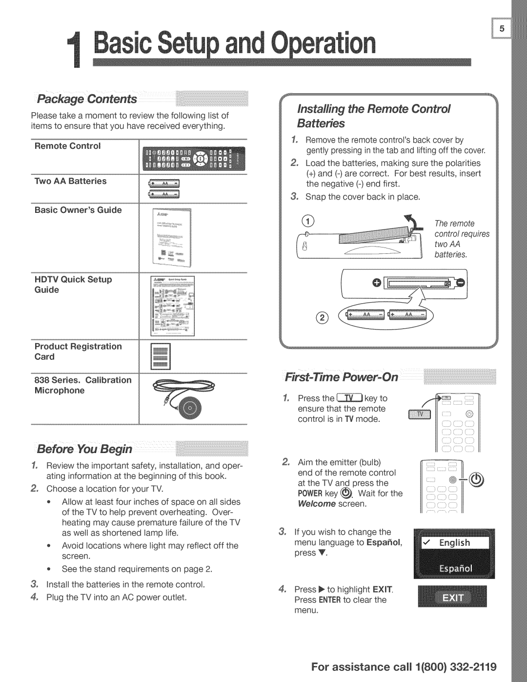 Mitsubishi Electronics 838, 738 manual Installing the Remote Control Batteries, Remote contro/ requires two AA batteries 