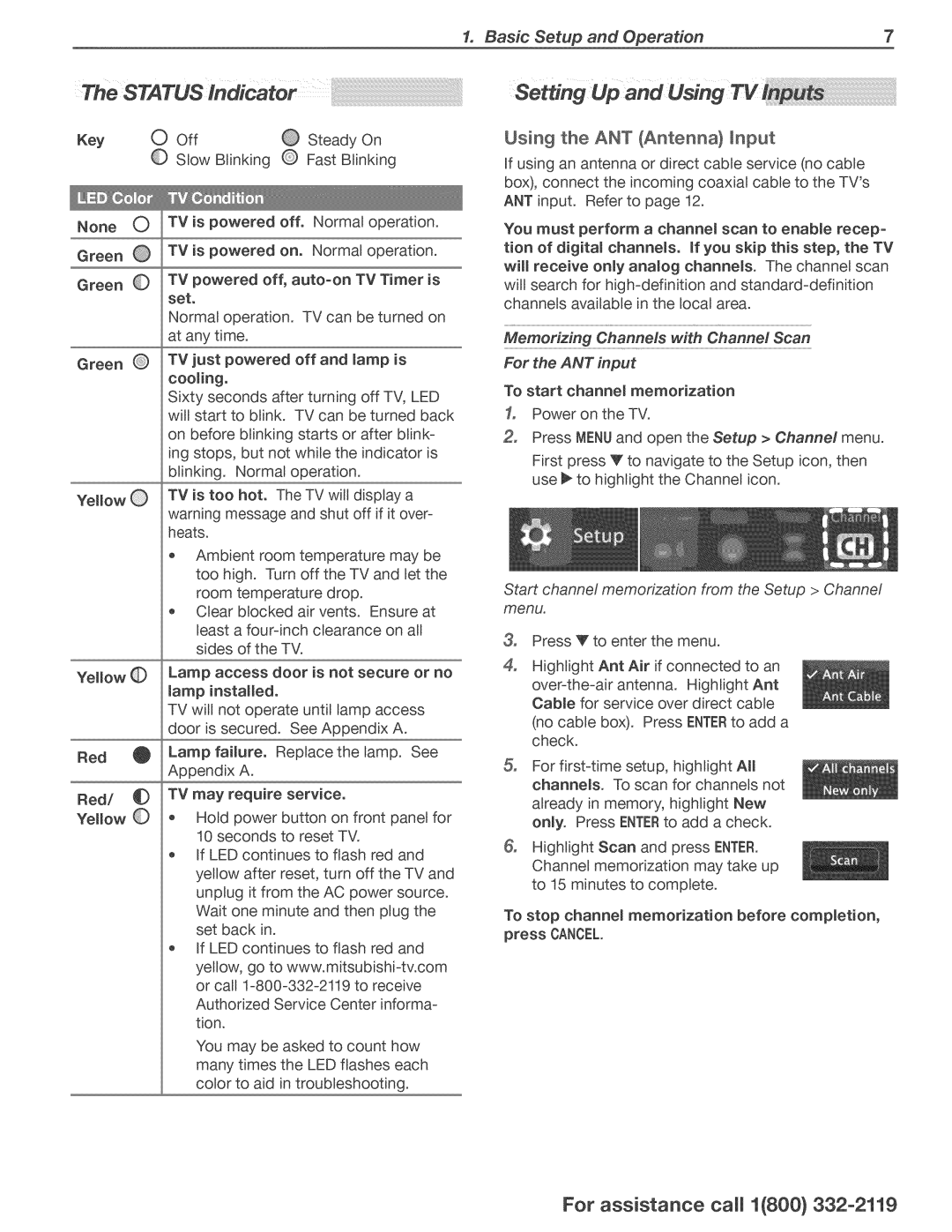 Mitsubishi Electronics 838, 738 manual Setting Up and Using TV, Using the ANT Antenna Input 