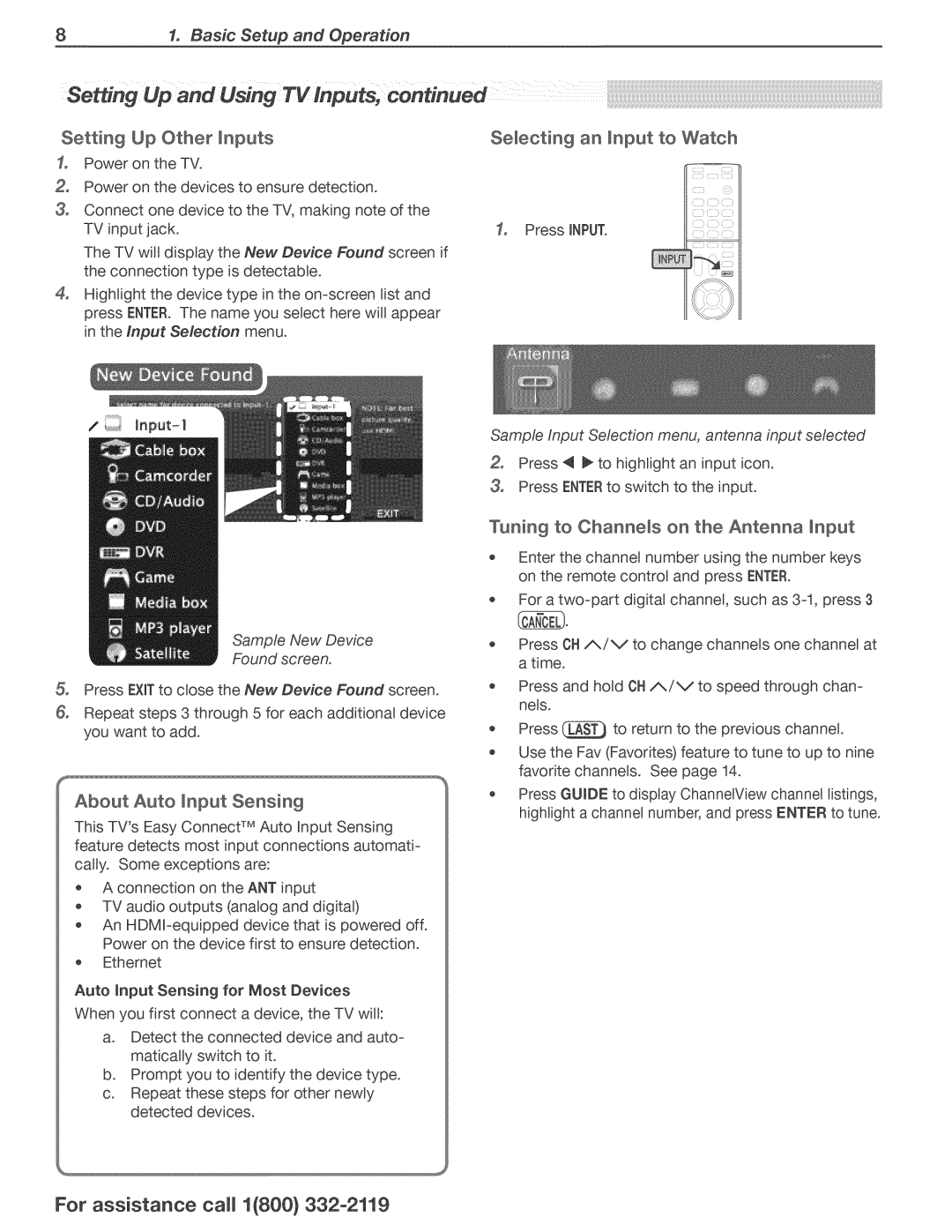 Mitsubishi Electronics 738 Setting Up Other inputs, Selecting an input to Watch, Tuning to ChanneJs on the Antenna Input 