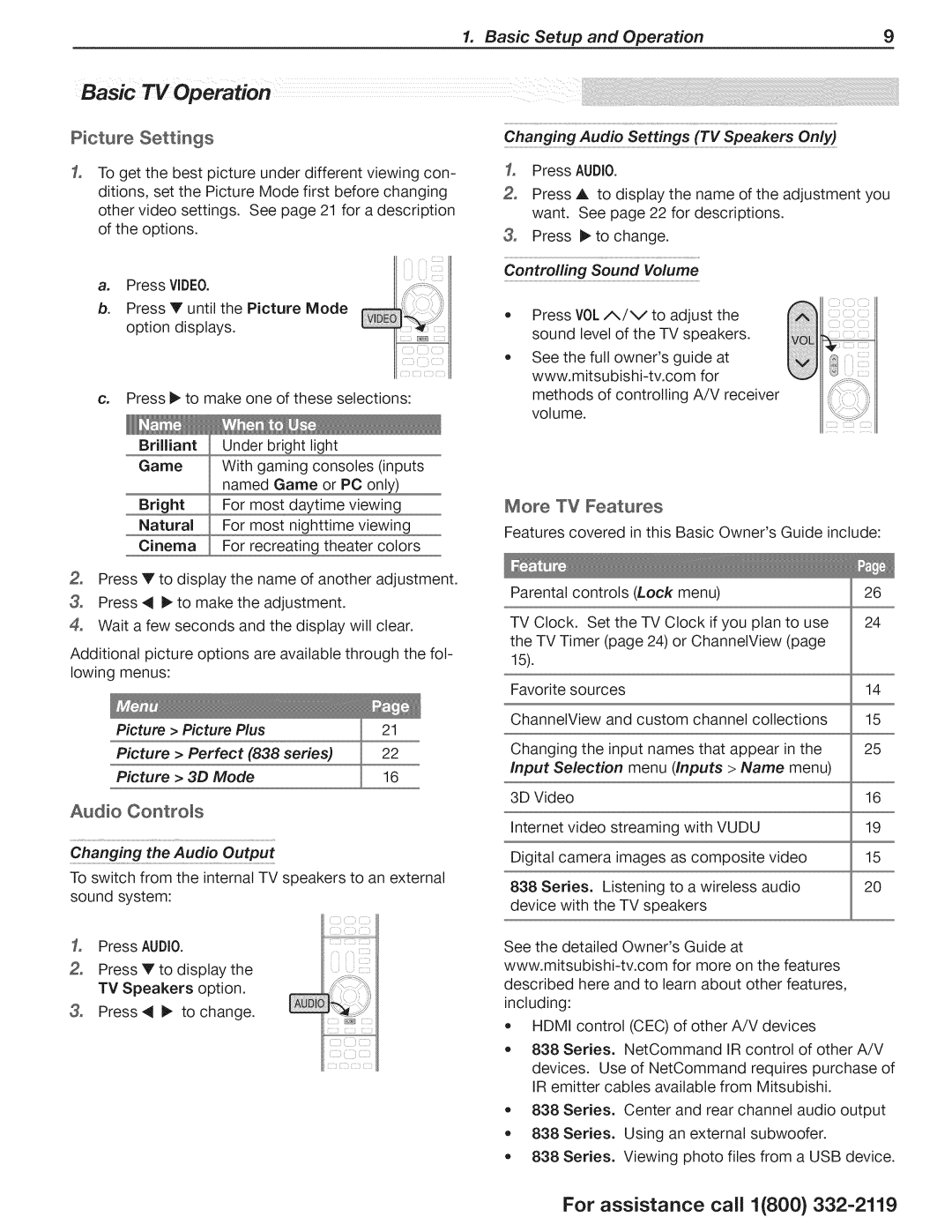 Mitsubishi Electronics 838, 738 manual Basic TV Operation, Picture Settings, Audio Controls, More TV Features 