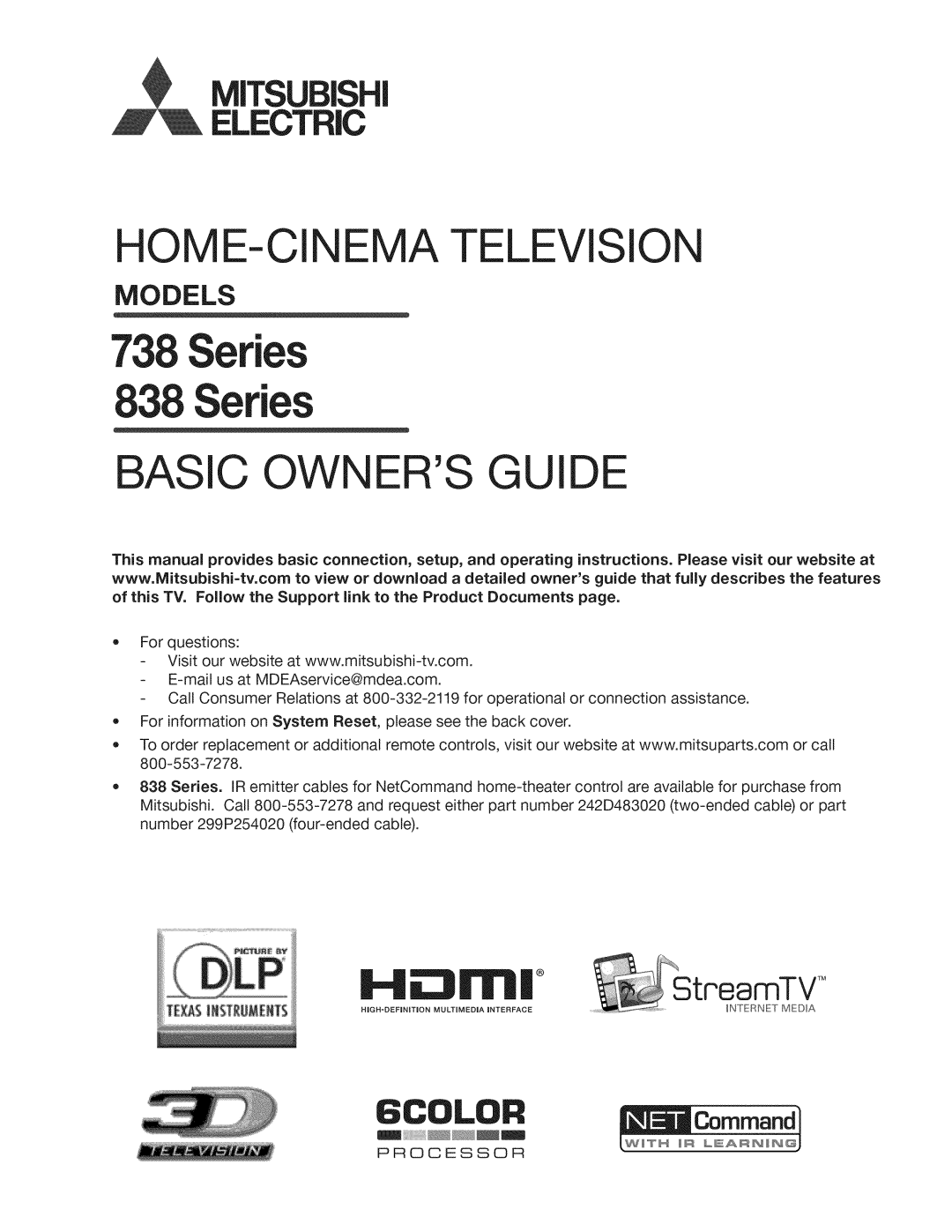 Mitsubishi Electronics 838 manual Home-Cinematelevision, Basic Owners Guide, Models, 738Series Series, H_:::itI_II, 6COLOR 