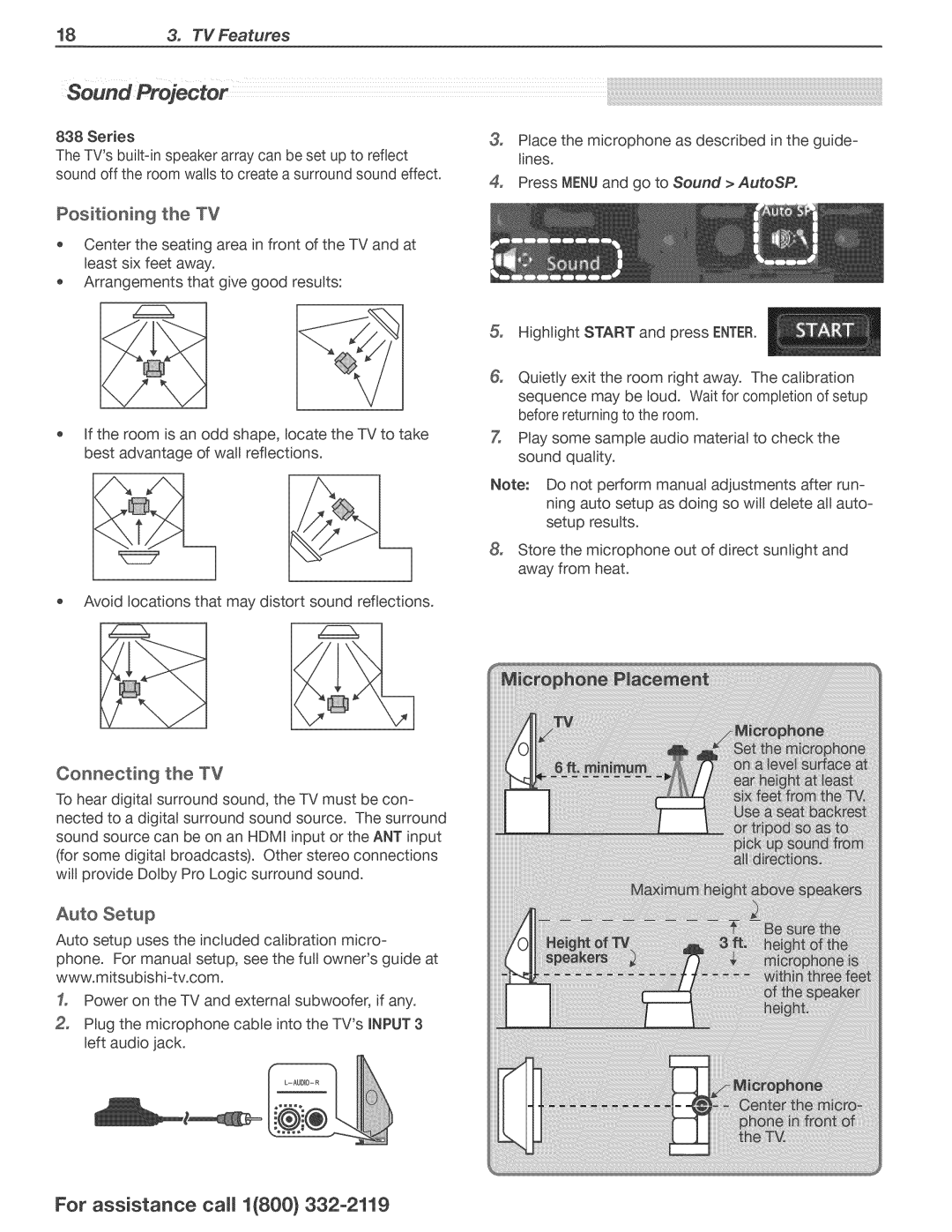 Mitsubishi Electronics 738, 838 manual Positioning the TV, Connecting the TV, Auto Setup, For assistance ca1800 