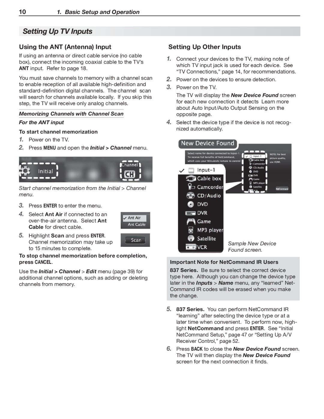 Mitsubishi Electronics 737, 837, C9 manual Setting Up TV Inputs, Using the ANT Antenna Input, Setting Up Other Inputs 