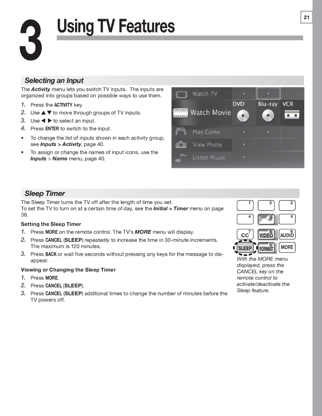 Mitsubishi Electronics 837, 737, C9 manual Selecting an Input, Sleep Timer 