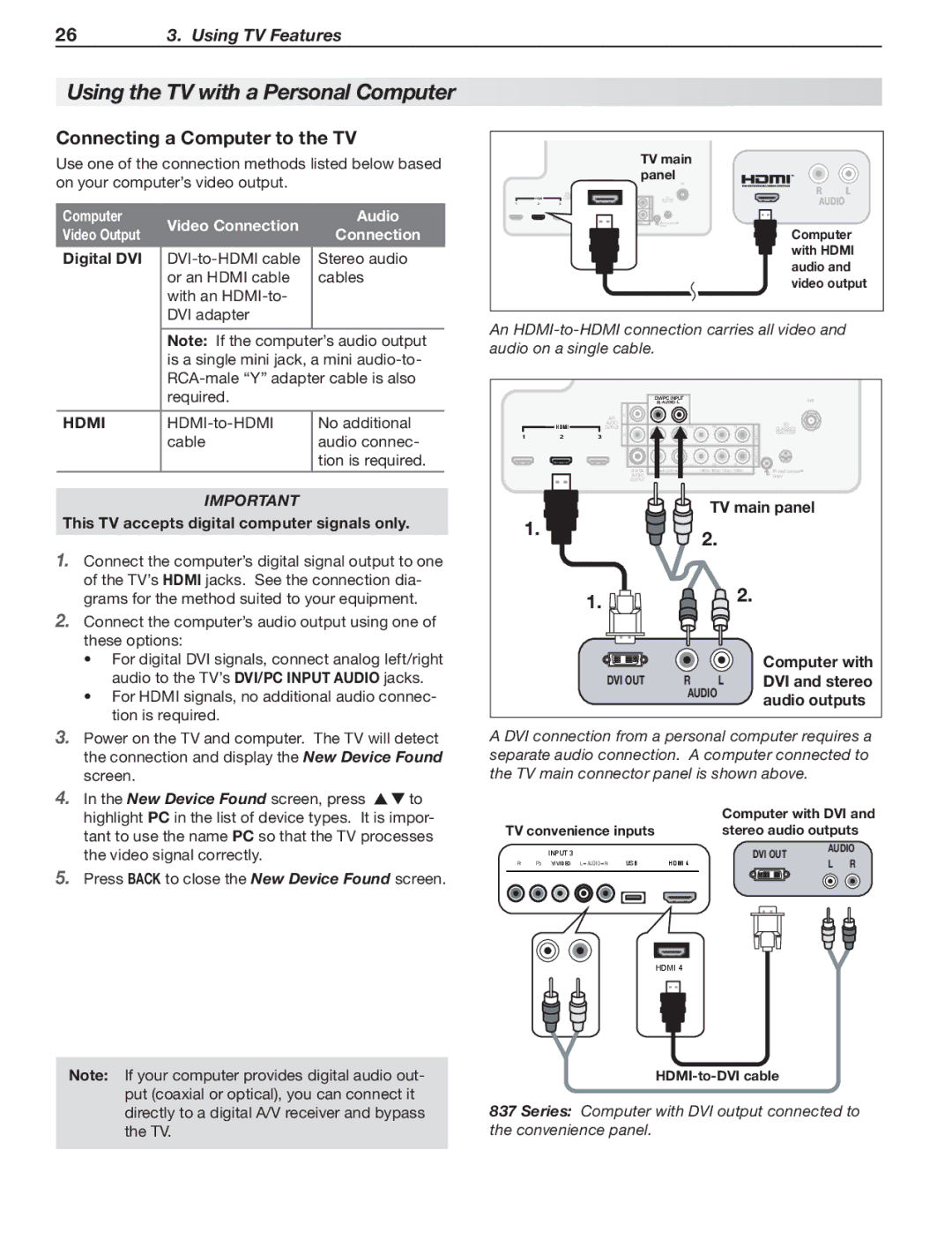 Mitsubishi Electronics C9, 837, 737 manual Connecting a Computer to the TV, Computer Video Connection Audio Video Output 