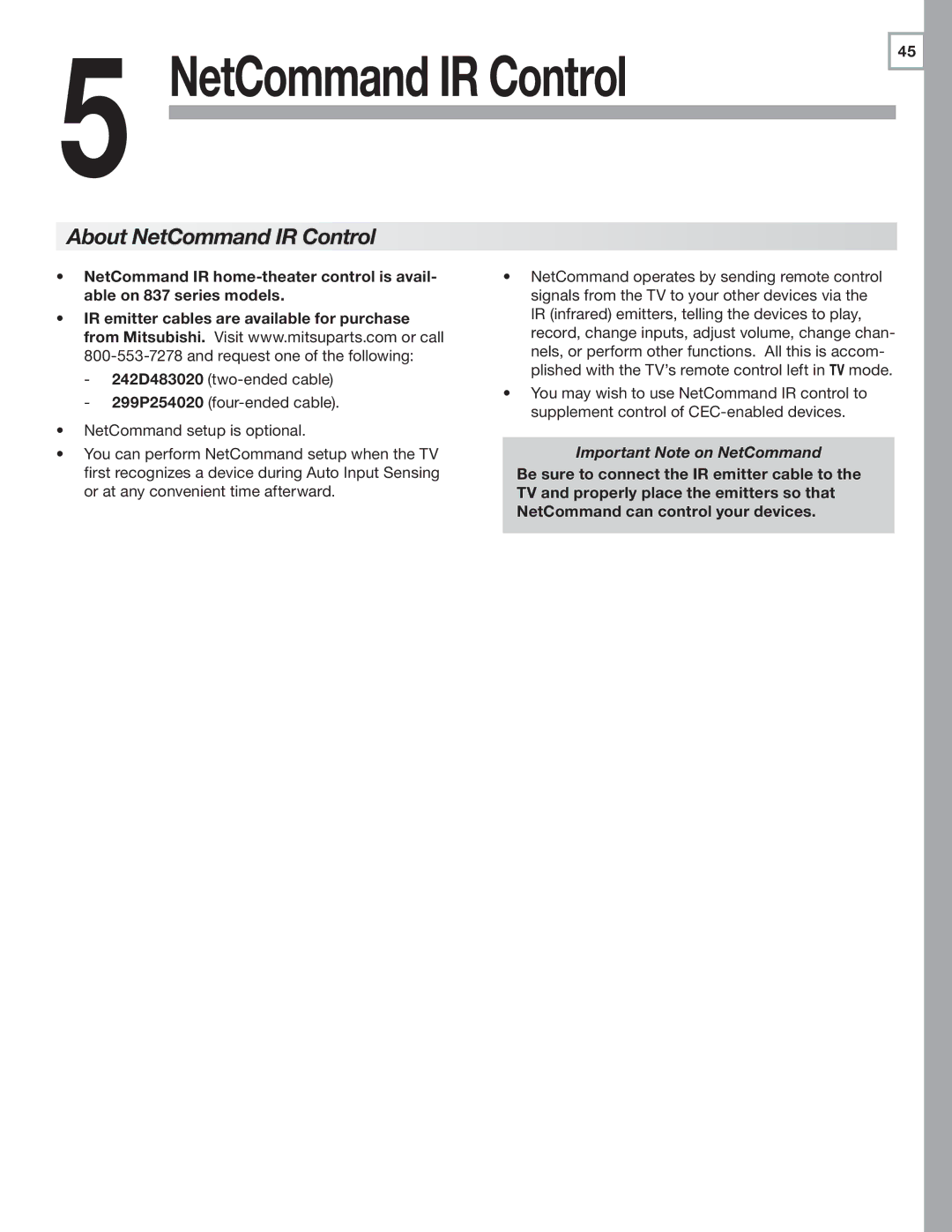 Mitsubishi Electronics 837, 737, C9 manual About NetCommand IR Control, Important Note on NetCommand 