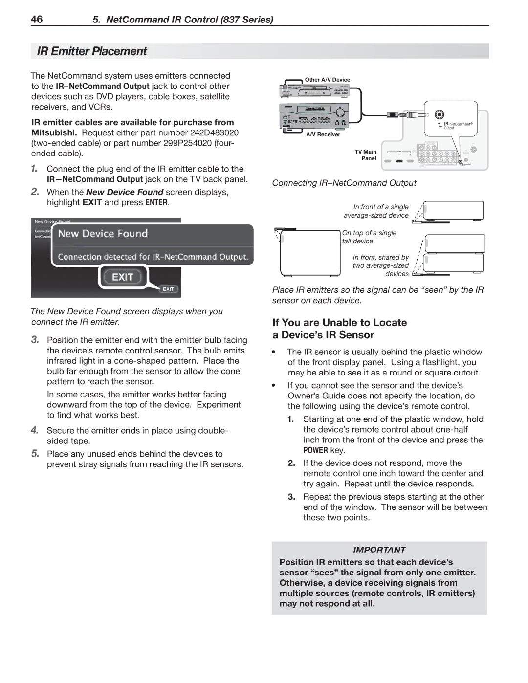 Mitsubishi Electronics 737, 837, C9 manual IR Emitter Placement, If You are Unable to Locate a Device’s IR Sensor 