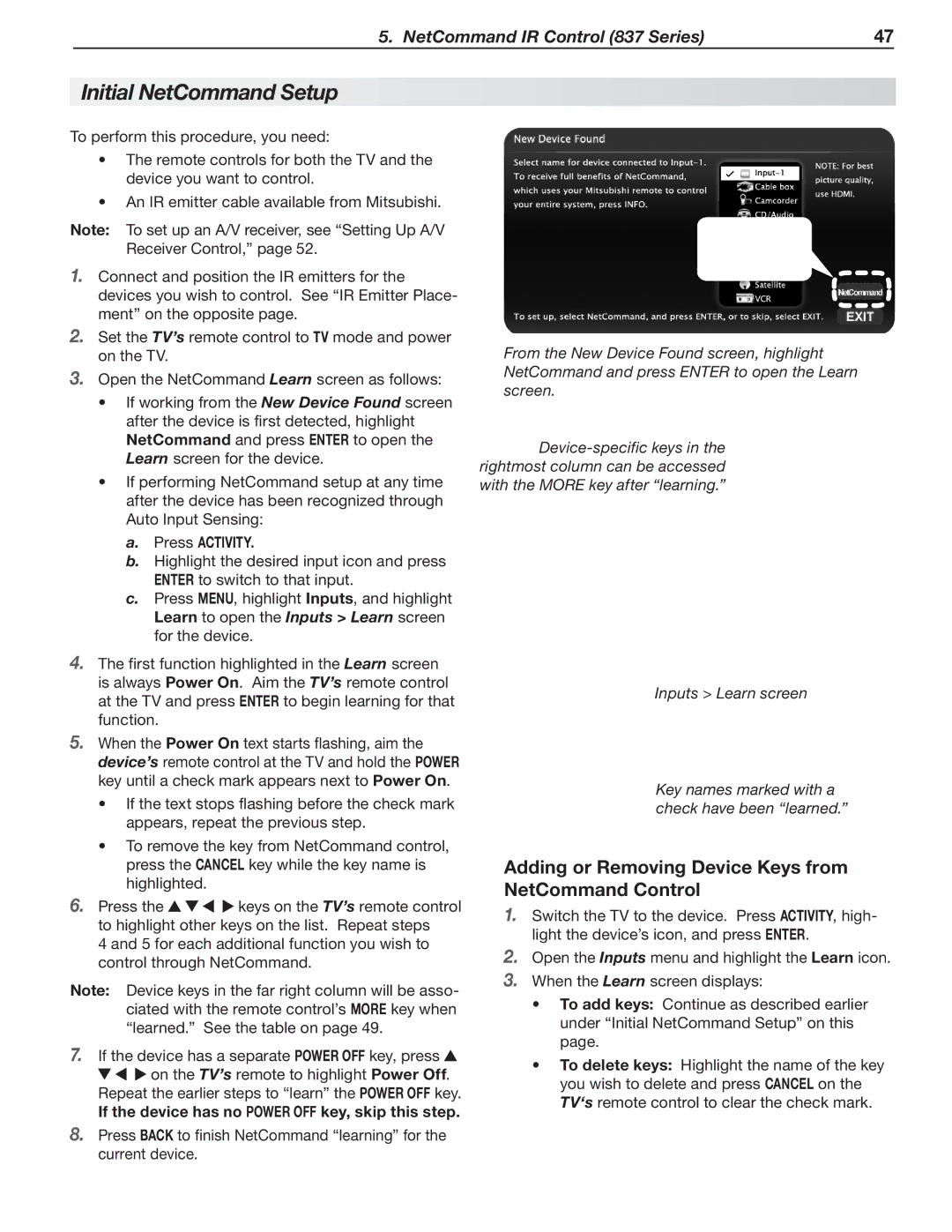 Mitsubishi Electronics C9, 837, 737 manual Initial NetCommand Setup, Adding or Removing Device Keys from NetCommand Control 